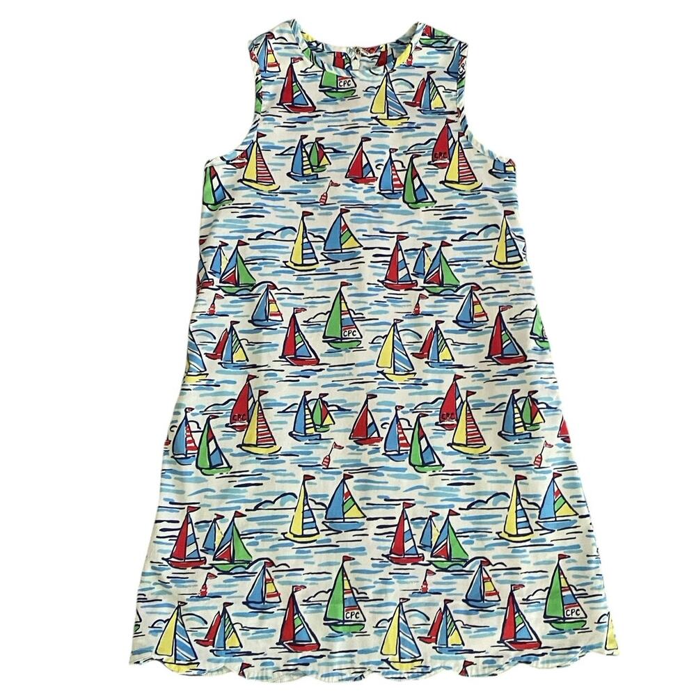 Classic Prep Girls Sailboat Print Dress - White with Red, Yellow, Blue, Green